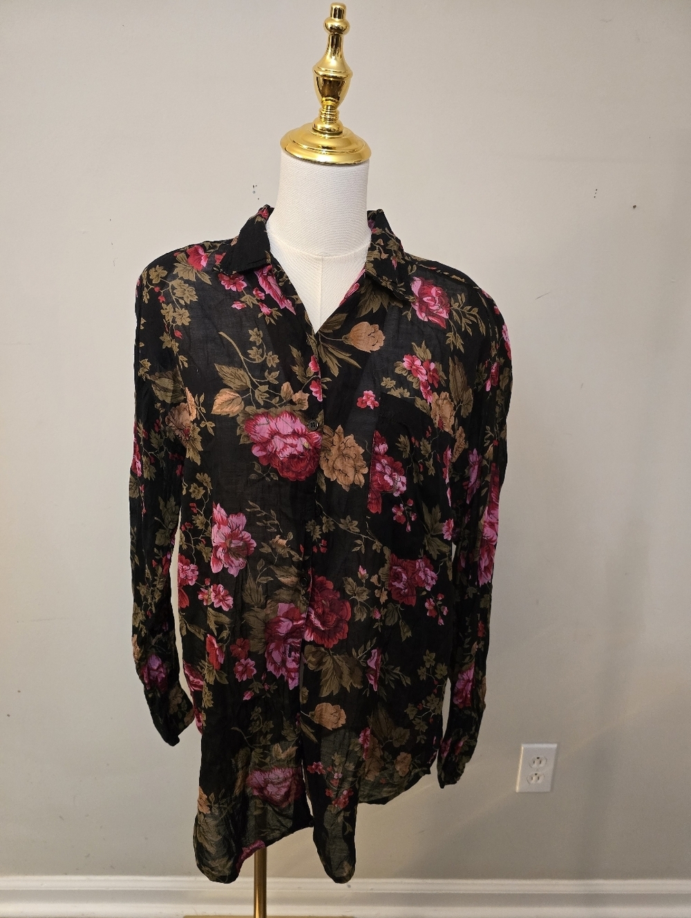 Vintage Sheer Light Weight Blouse with Pink and Brown Floral Print